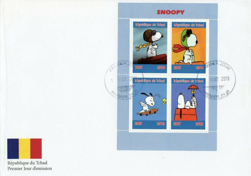 Chad 2019 FDC Snoopy Peanuts 4v M/S Cover Cartoons Comics Stamps 