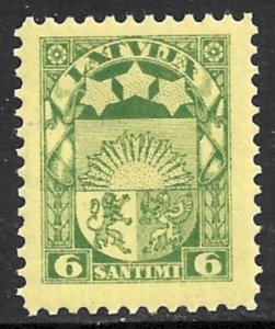 LATVIA 1927-33 6s Green on Yellow Arms Issue Sc 141 MNH