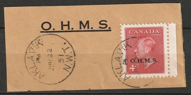 Canada 1951 Sc O15 official used on piece Aklavik NWT CDS
