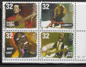 US# 3212-3215  $.32 - Folk Musicians, plate block of 4 (MNH) CV  $4.25