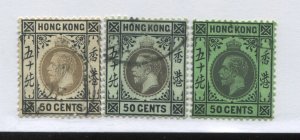 Hong Kong KGV 50 cents 3 different shades used