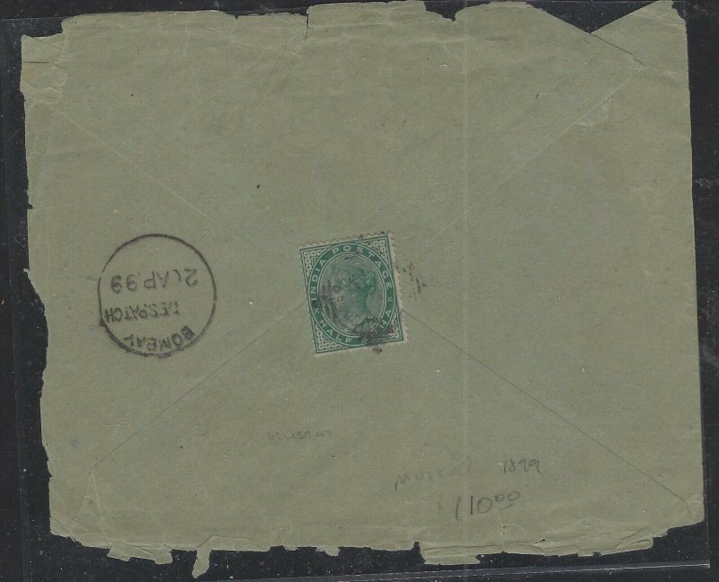 MUSCAT COVER (PP0101B)  1899 COVER QV INDIA 1/2A SENT MUSCAT TO INDIA