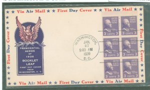 US 807a 1939 3c Thomas Jefferson (presidential/perxy series) pane of six on an unaddressed first day cover.