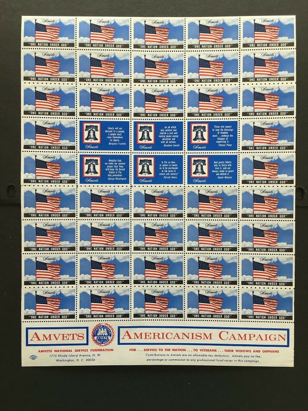 1981 AMVETS Americanism Campaign Labels, Cinderella Stamp Full Sheet