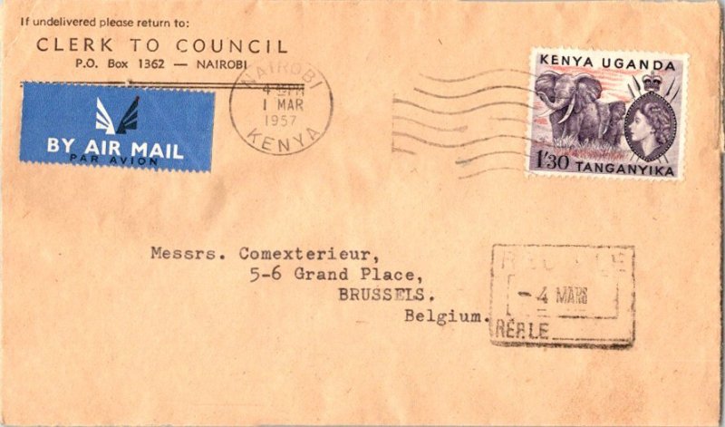 Kenya Uganda & Tanganyika 1/30 Elephants 1957 Nairobi, Kenya Airmail to Bruss...
