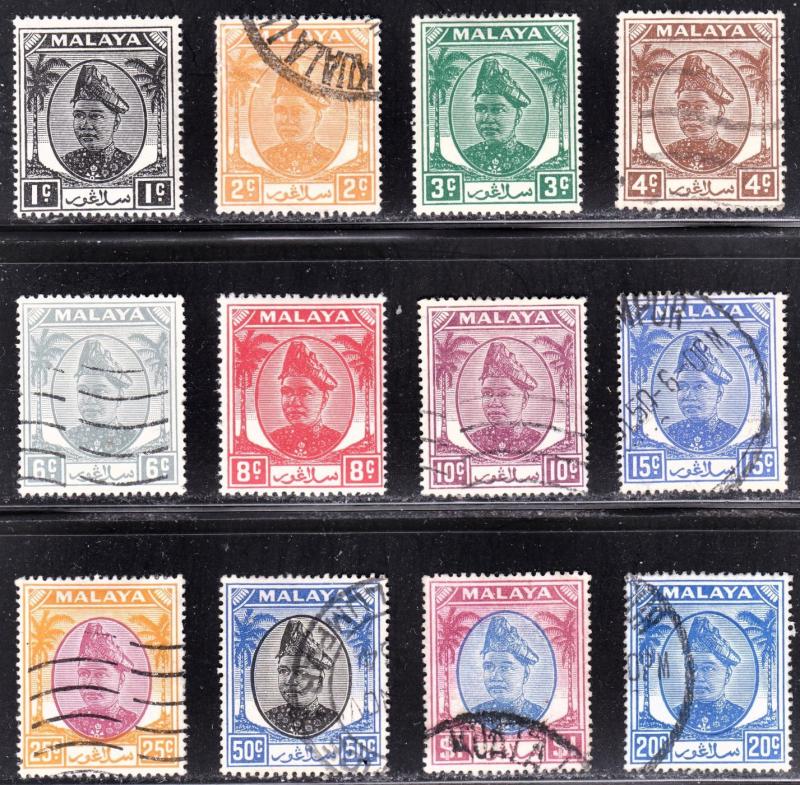 Malaya Selangor Scott 80-87, 89, 91-92, 98  F to VF mint & used.