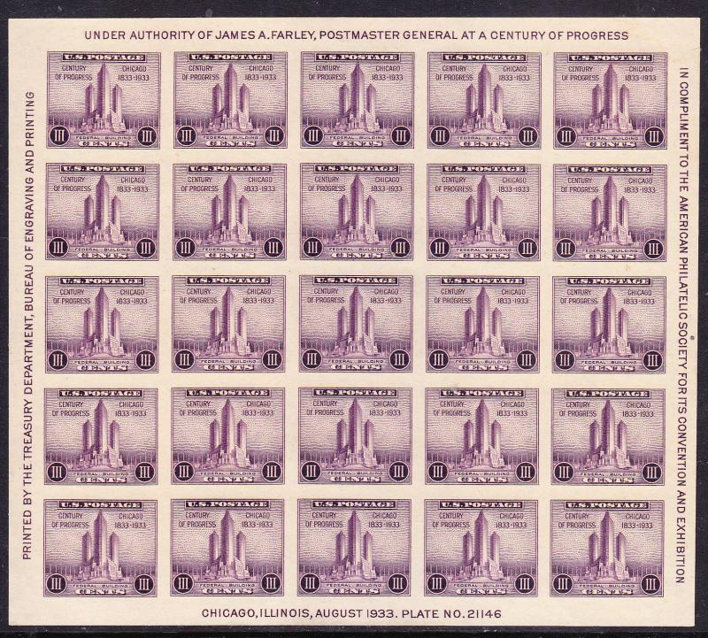 United states 1933 Farley Century of Progress Sheets  VF/NH (NO Gum as Issued)