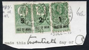 Isle of Man KGVI 5/- 2/- and 1/- Key Plate Type Revenues CDS on Piece