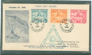 Philippines N29-N31 1943 Japanese occupied Independence Issue set of three on an addressed first day cover with an illustrated