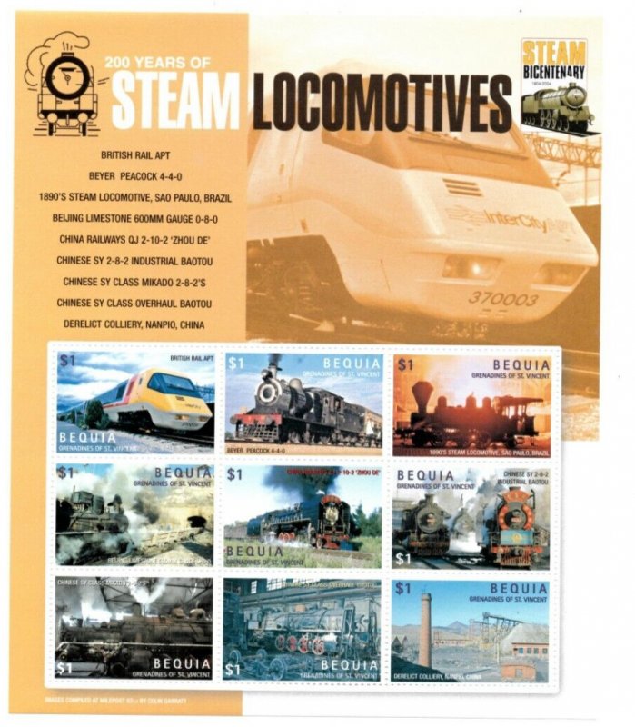 Bequia 2005 -Steam Locomotives  - Sheet of 9 Stamps -  Scott #379 - MNH