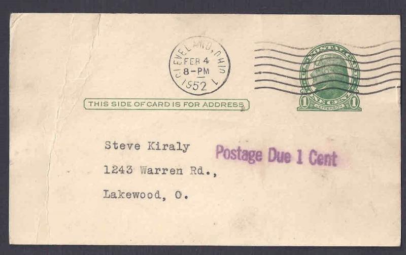 1952 1c POSTAGE DUE TO LAKE WOOD OH