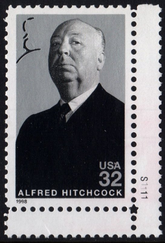 SC#3226 32¢ Legends of Hollywood: Alfred Hitchcock Plate Single (1998) MNH