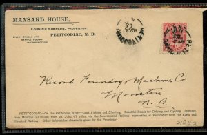 ?PETITCODIAC, N.B. split ring on 1905 Edward advertising  Mansard cover Canada