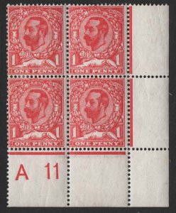 GB 1911 1d die 1a carmine-red A11(w) corner block of 4, m/mint light tone,