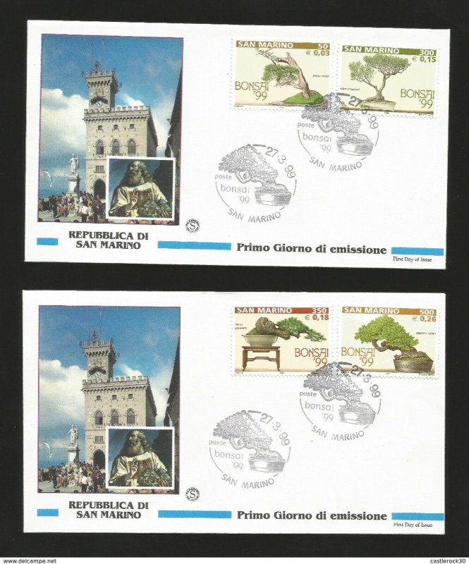 J) 1999 SAN MARINO, CASTLE, BONSAI TREES, SET OF 2 FDC, UNUSED