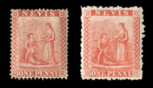 Nevis #9, 1867 1p red, two different shades, hinged