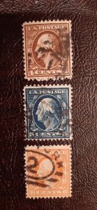 US Scott # 377-379; 4c,5c,6c W/F issue from 1910-1911; F/VF centering