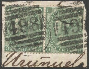 GB 1867 1sh Used Pair on piece, Plate 5, Sc 54  F, cv $80+, SG 115