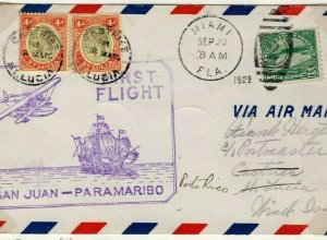 USA & ST LUCIA FFC 1929 Miami-PR-Castries DOUBLE First Flight Cover Cachet EP508