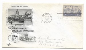 US 1001 (Me-5) 3c Colorado Statehood on FDC Artcraft Cachet ECV $7.50