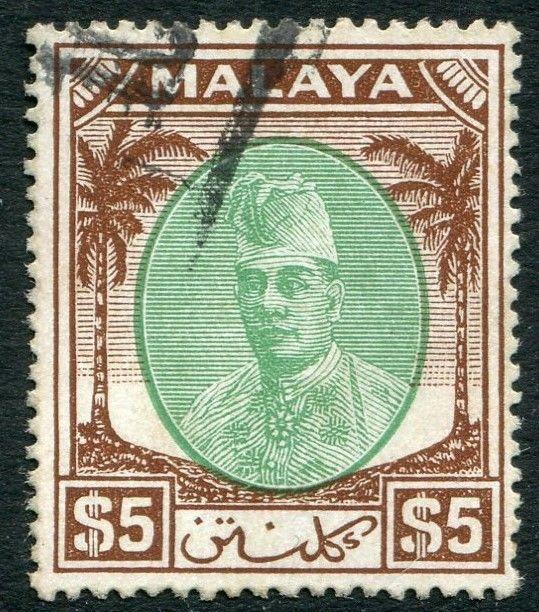 KELANTAN-1951-55 $5 Green & Brown Sg  81 GOOD USED V19897