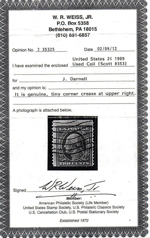U.S. #353 Used Single with Weiss COA