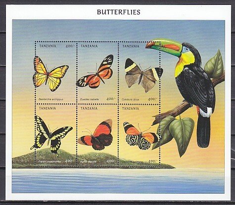 Tanzania, Scott cat. 1966 a-f. Butterflies sheet. ^