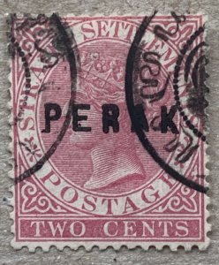 Malaya Perak 1883 2c rose, wide E.  Unusual cancel! Scott 5b, CV $70.00. SG 13