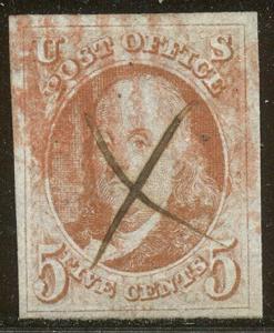 U.S. #1c RARE XF Used w/Cert - 1847 1c Red Orange