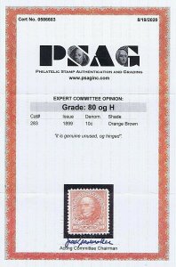 US 283 unused original gum hinged 10c Webster 1899, 2020 PSAG cert grade VF 80