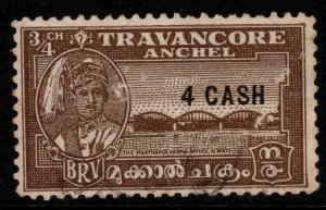 INDIA-TRAVANCORE SG74a 1943 4ca on ¾ch BROWN p11 USED