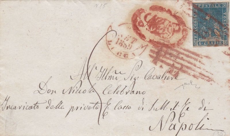 1857 TUSCANY, No. 15 6 blue crazie ON LETTER FROM LUCCA
