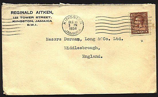 JAMAICA 1934 GV 1½d on surface rate cover Kingston to UK...................93314