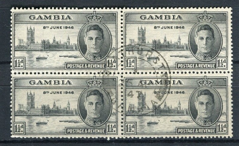 GAMBIA; 1946 early GVI Victory issue fine used BLOCK of 4 good Postmark