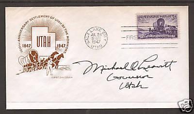 Michael O. Leavitt, Utah Governor, signature on 1947 3c Utah FDC