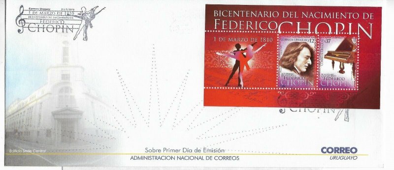 URUGUAY 2010 FEDERICO CHOPIN BICENTENNIAL OF BIRTH PIANO DANCE BALLET  FDC SS