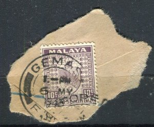 MALAYA; N. SEMBILAN 1930s issue Coat of Arms fine GEMAS POSTMARK PIECE