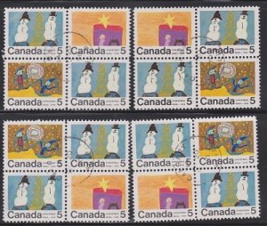 Canada #521, 522 and 523 Christmas - Set of 4 used blocks of 4