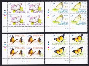 Barbados Butterflies 4v Bottom Left Corner Blocks of 4 SG#1261-1264 SC#1073-1077