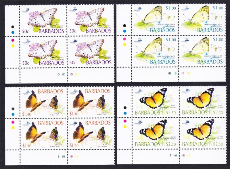 Barbados Butterflies 4v Bottom Left Corner Blocks of 4 SG#1261-1264 SC#1073-1077