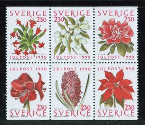 Sweden 1855-60 MNH, Christmas Flowers Block of 6 from 1990.