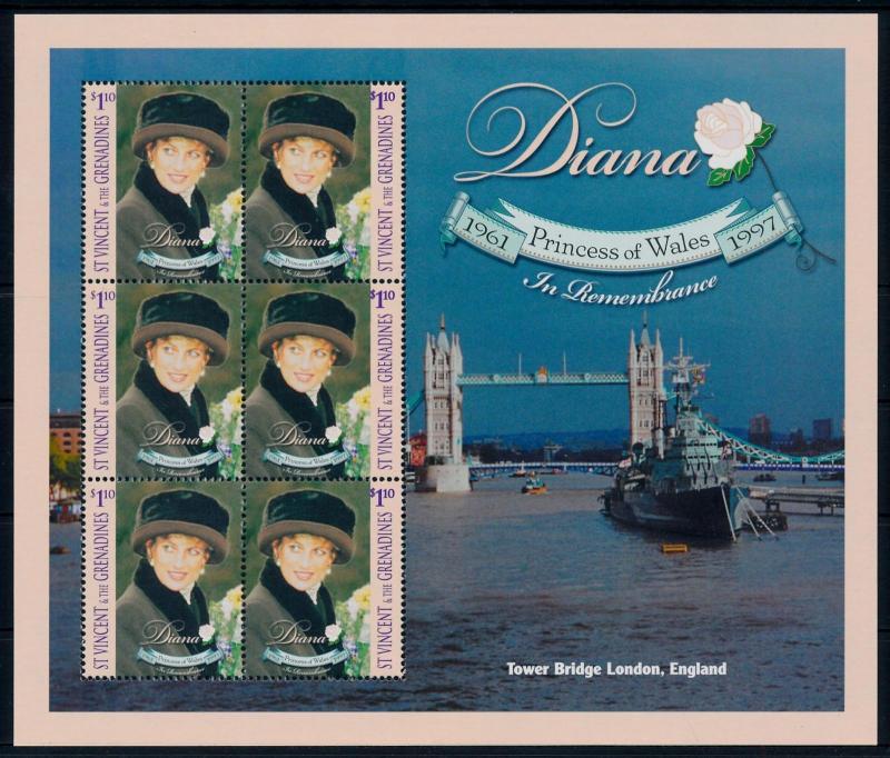 [95324] St. Vincent & Gren. 1998 Royalty Princess Diana Tower Bridge Sheet MNH