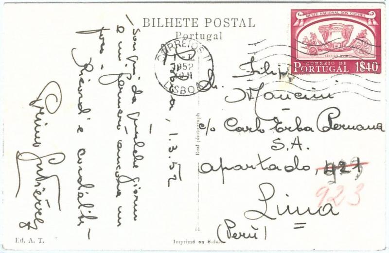 72498 - PORTUGAL - POSTAL HISTORY:  Postcard to PERU  1952