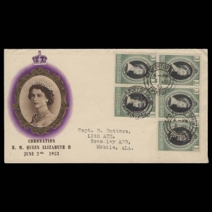 Trinidad & Tobago 1953 (FDC) 3c Coronation block, PORT OF SPAIN ✔️