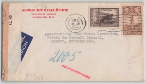 Canada 1944 WWII Red Cross  Censored Blackout A/R Cover Vancouver Switzerland