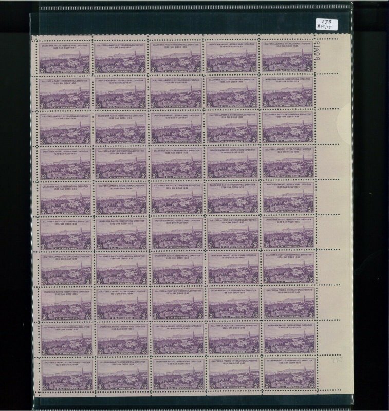 1935 United States Postage Stamp #773 Plate No. 21408 Mint Full Sheet