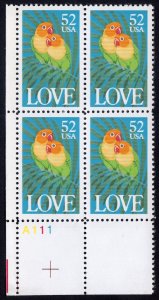 Scott #2537 Love Birds Parrots Plate Block of 4 Stamps - MNH P#A111