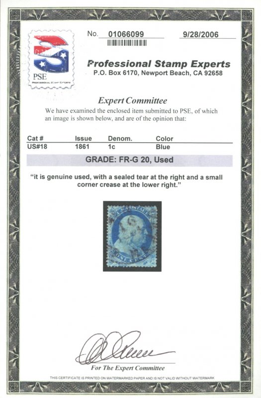 U.S. #18 USED WITH PSE CERT GRADE FR-G 20