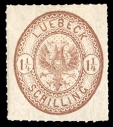 German States, Lubeck #14 Cat$30, 1865 1 1/2s red lilac, hinged