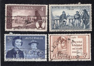 Australia 1958-61 Group of 4 Commemoratives, Scott 311, 332, 335, 342 used